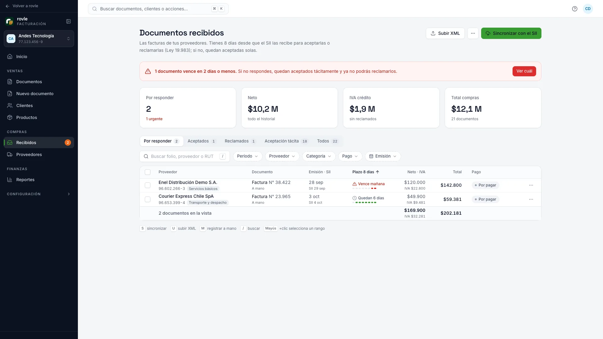 Documentos recibidos, con los días que quedan para responder