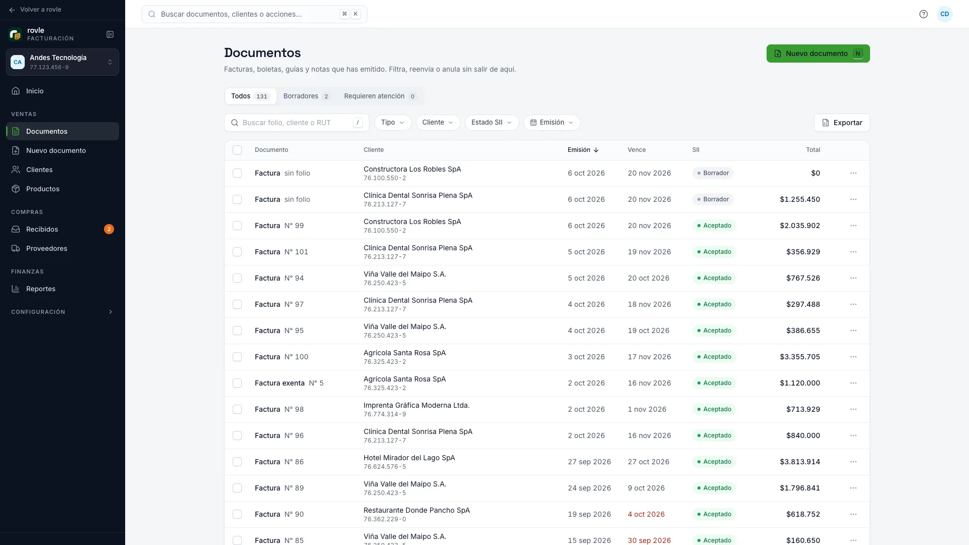 Lista de documentos emitidos en Rovle Facturador