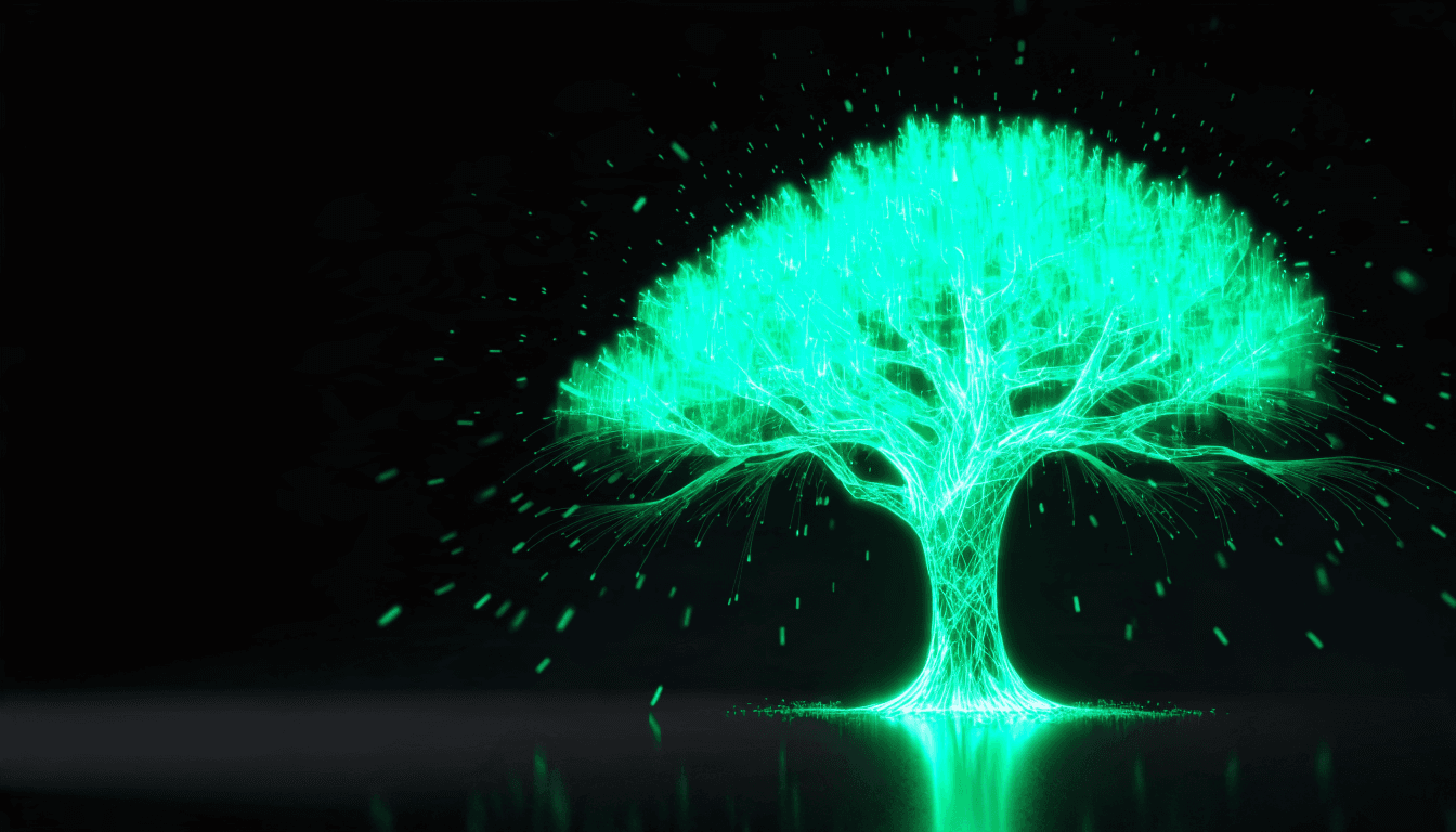 Un roble hecho de circuitos de luz esmeralda sobre fondo negro